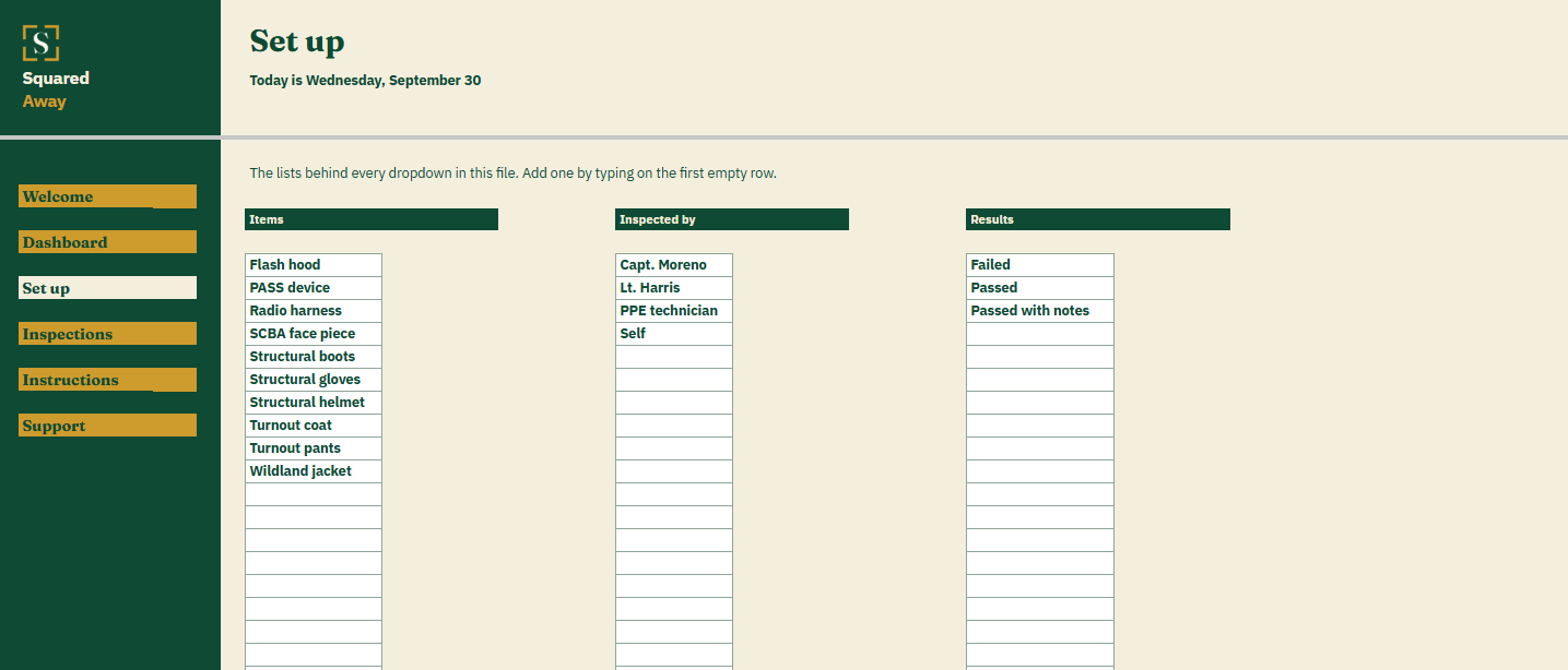 PPE Inspection Log's Set up tab with the gear items, inspectors and results that become the dropdowns on the Inspections tab.