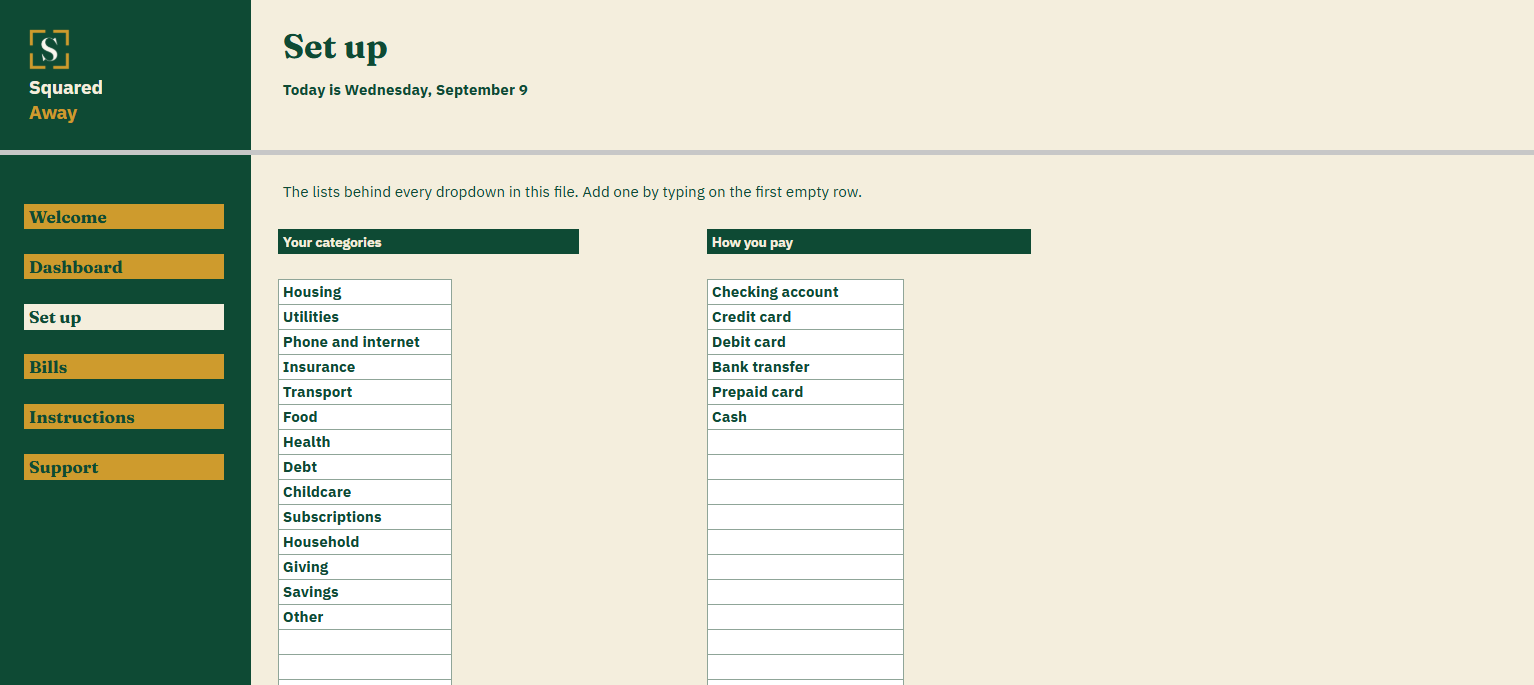 Bill Calendar's Set up tab with two lists, your categories and how you pay, which feed the dropdowns on the Bills tab.