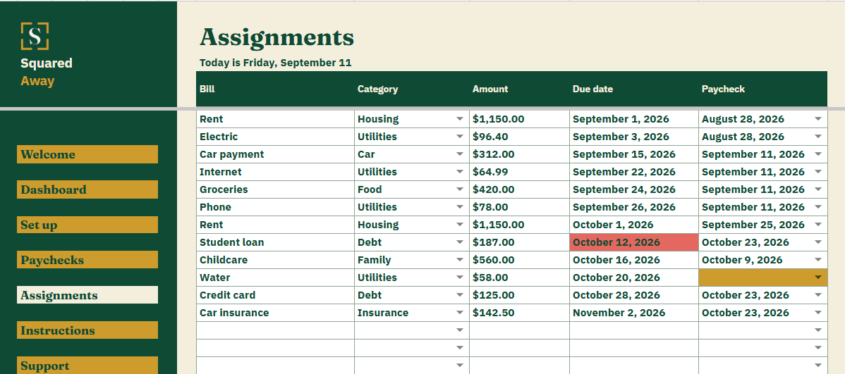 Paycheck Planner's Assignments tab listing 12 bills with the amount, the due date and the paycheck each one is paid from, one of them still without a pay date.