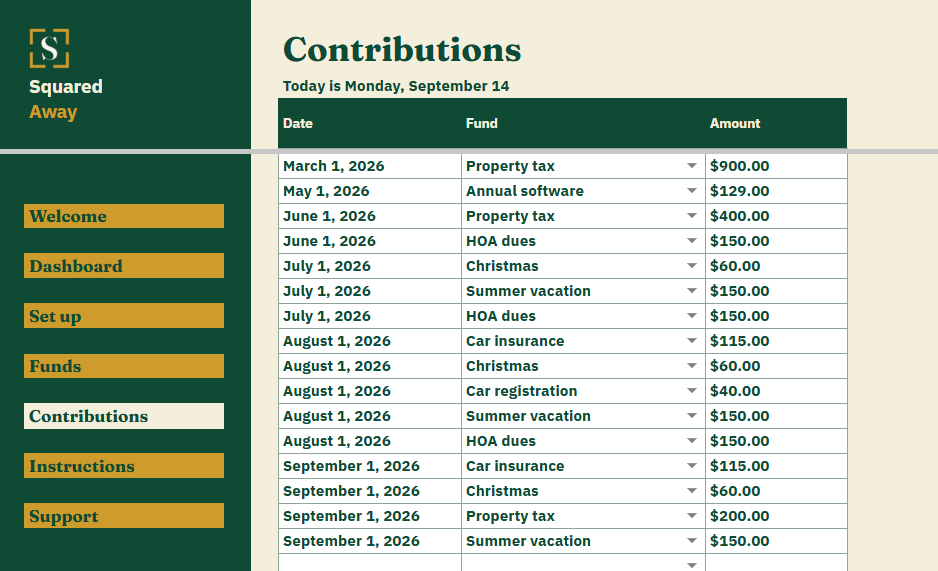 Sinking Funds' Contributions tab logging 16 dated amounts moved into each fund.