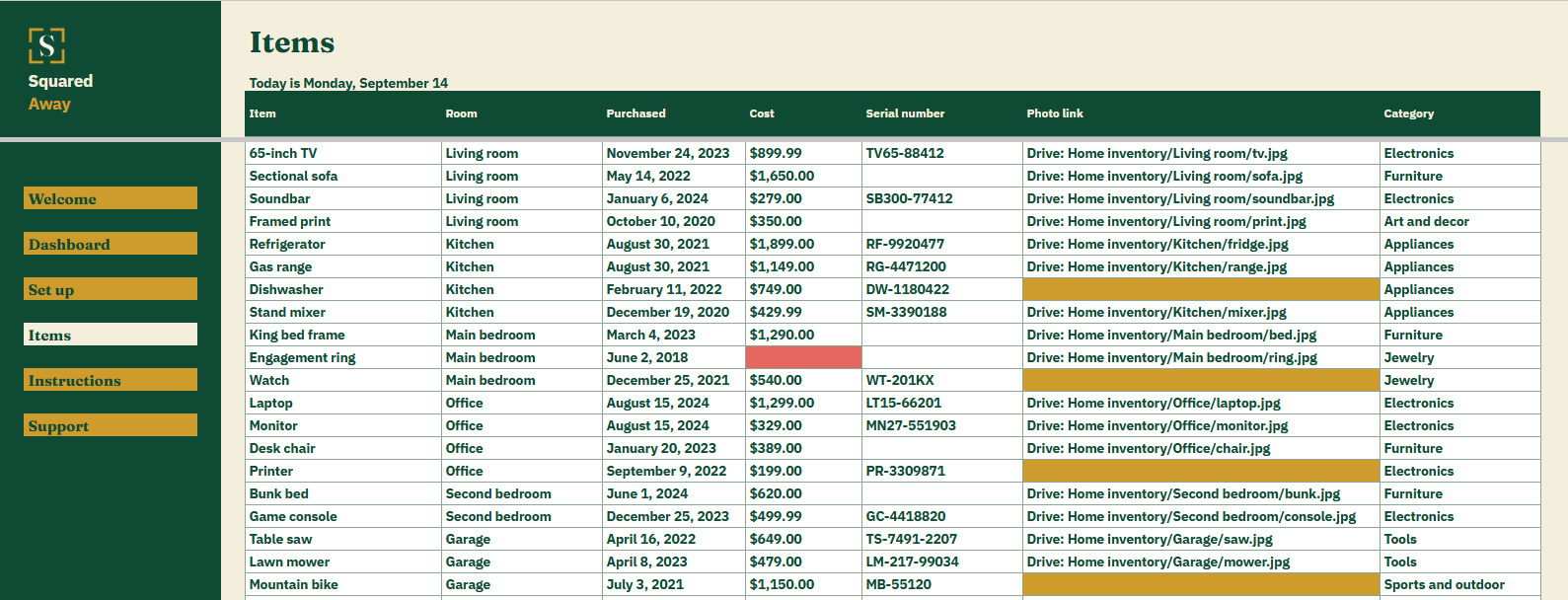 Home Inventory's Items tab listing 20 household items with room, purchase date, cost, serial number, where the photo lives and category.