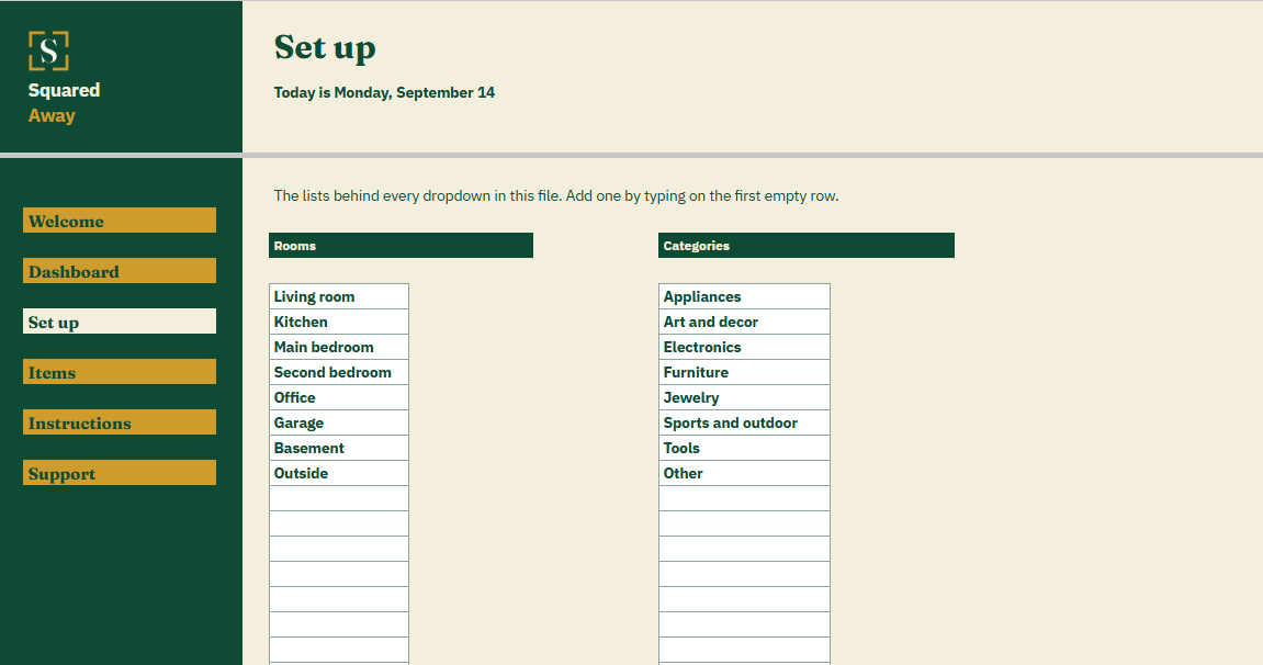 Home Inventory's Set up tab with two lists, rooms and categories, which feed the dropdowns on the Items tab.