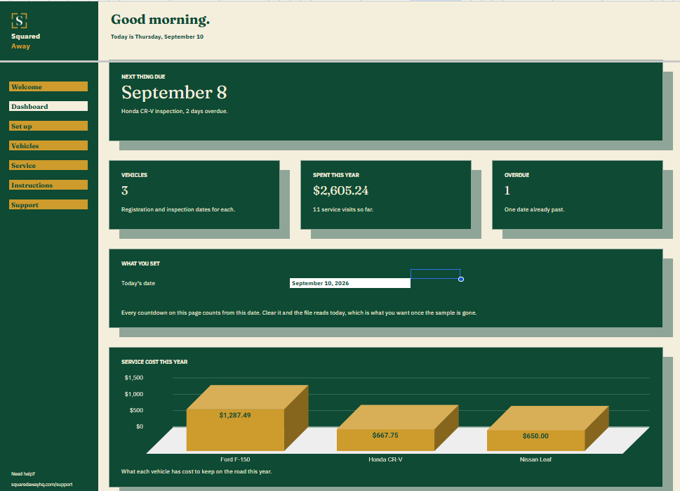 Vehicle Log's Service tab logging 14 visits with date, vehicle, mileage, the work done and what it cost.