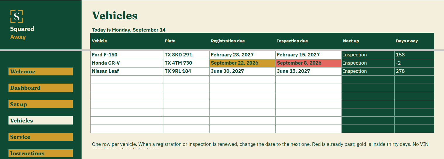 Vehicle Log's Vehicles tab listing 3 vehicles with plate, registration and inspection dates, what is up next and how many days away it is.