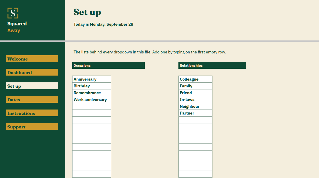Birthday and Anniversary Calendar's Set up tab with the occasions and relationships that become the dropdowns on the Dates tab.