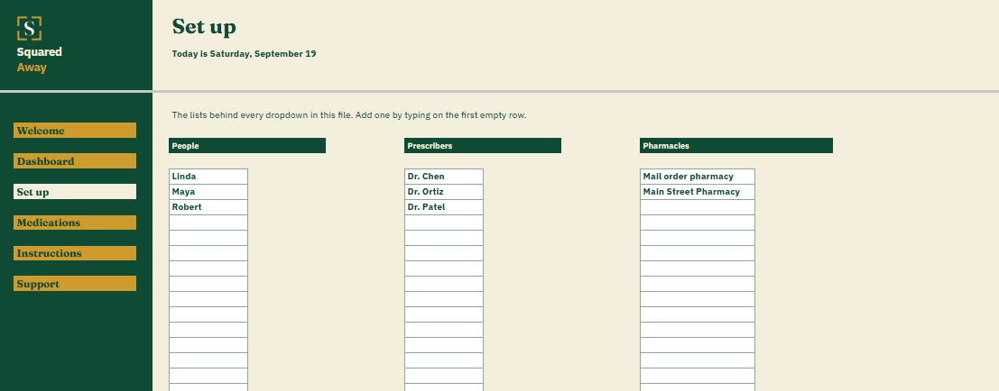 Medication and Refill Tracker's Set up tab with the people, prescribers and pharmacies that become the dropdowns on the Medications tab.
