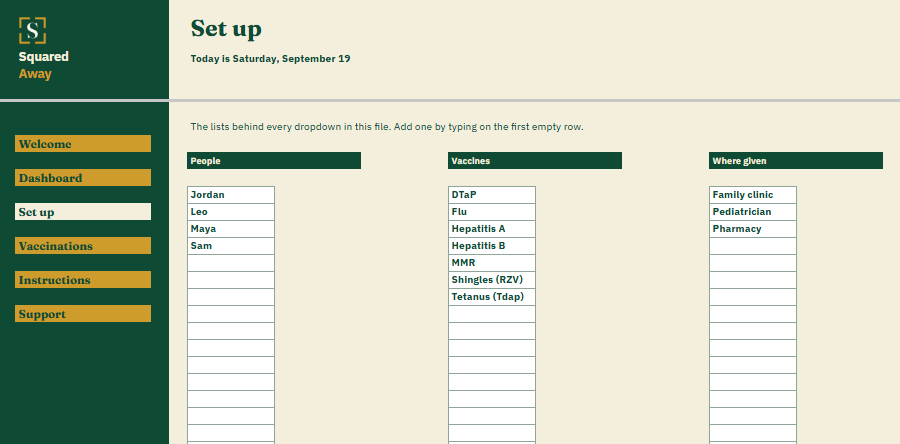 Vaccination Record's Set up tab with the people, vaccines and places the buyer fills in, which become the dropdowns on the Vaccinations tab.