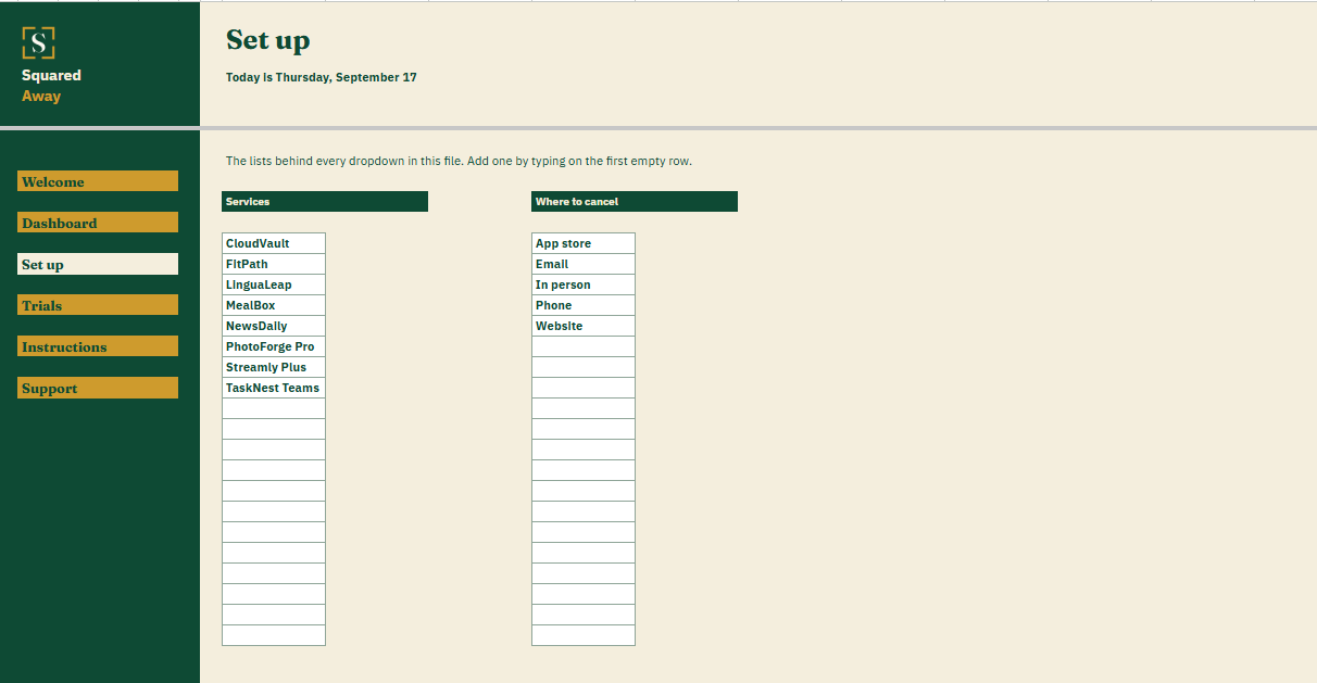 Free Trial Tracker's Set up tab with the services and cancel routes the buyer fills in, which become the dropdowns on the Trials tab.