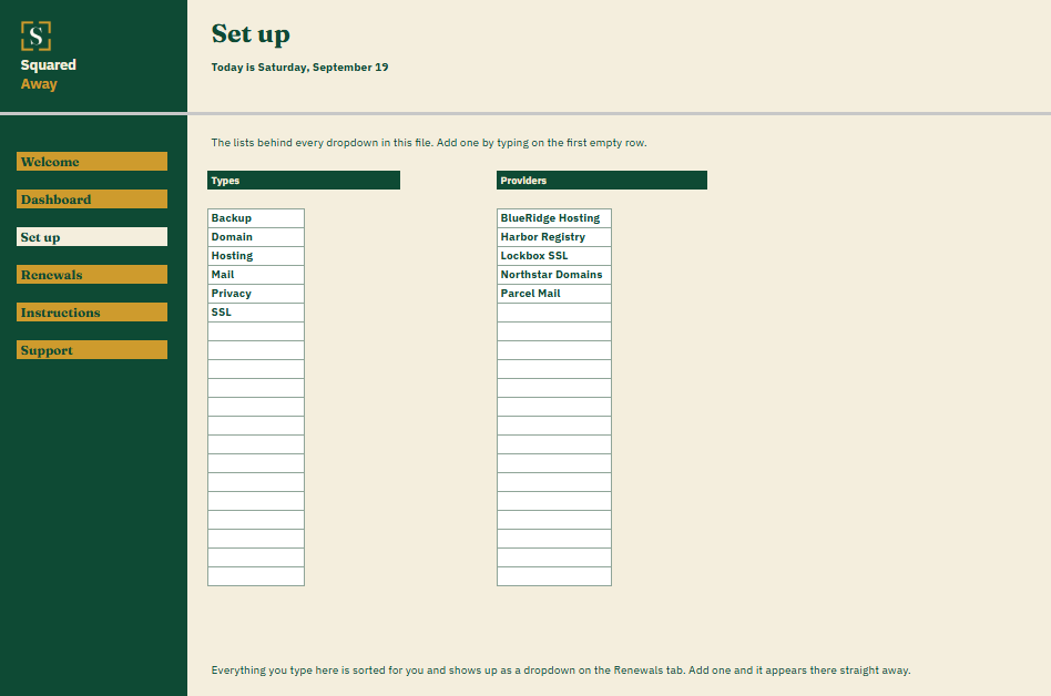 Domain and Hosting Renewals' Set up tab with the renewal types and providers that become the dropdowns on the Renewals tab.