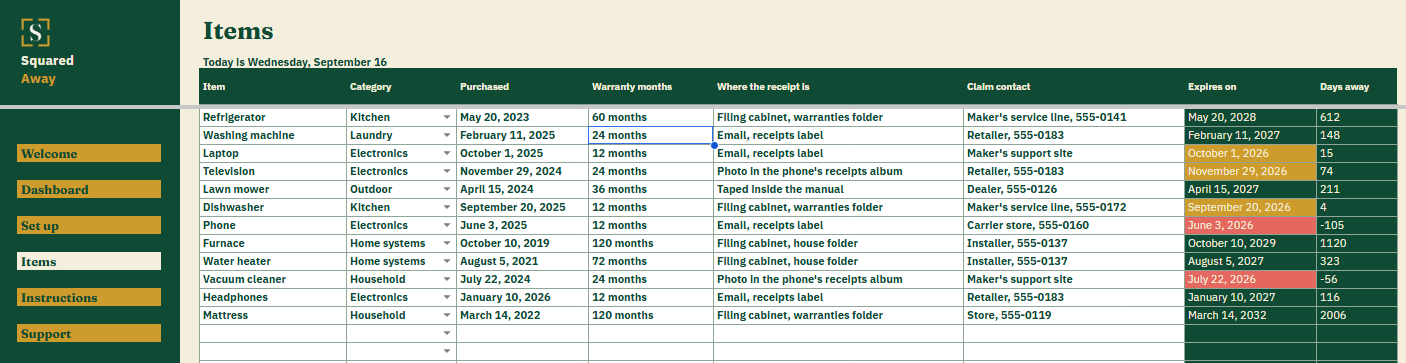 Warranty and Coverage Tracker's Items tab listing 12 appliances and electronics with the purchase date, warranty length, where the receipt is and who handles a claim, and the expiry worked out beside each.