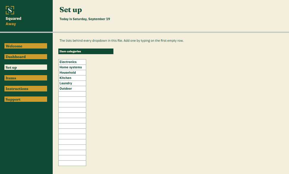 Warranty and Coverage Tracker's Set up tab with the item categories that become the dropdown on the Items tab.
