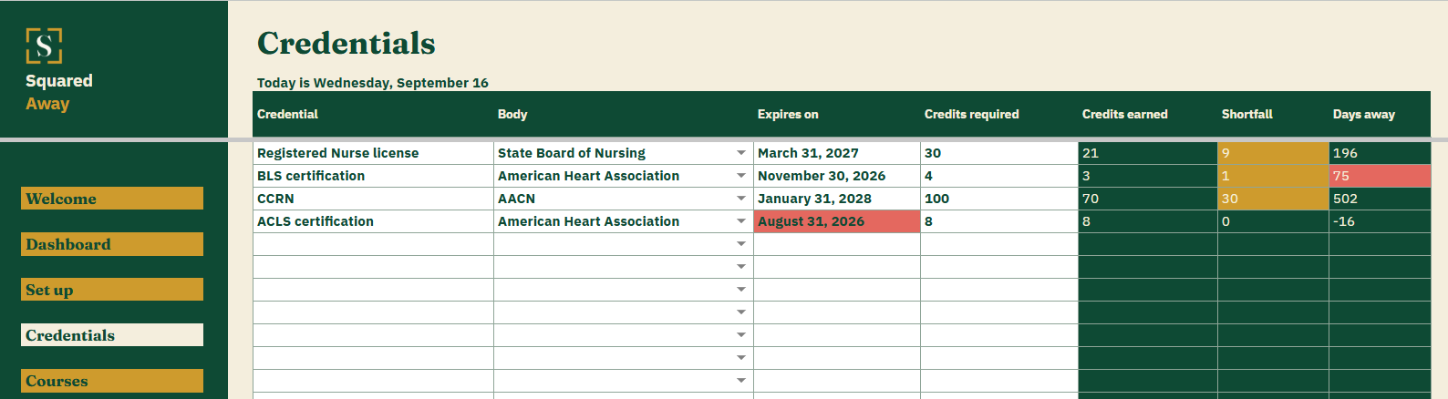 Certification and License Renewals' Credentials tab listing 4 professional credentials with the issuing body, expiry and credits required, and the credits earned and shortfall worked out.