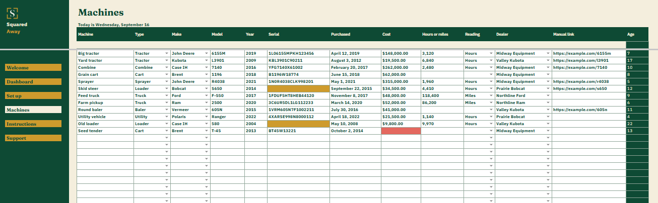 Equipment Register's Machines tab listing 12 machines with the make, model, year, serial number, cost, hours or mileage on each, and the age worked out beside them.