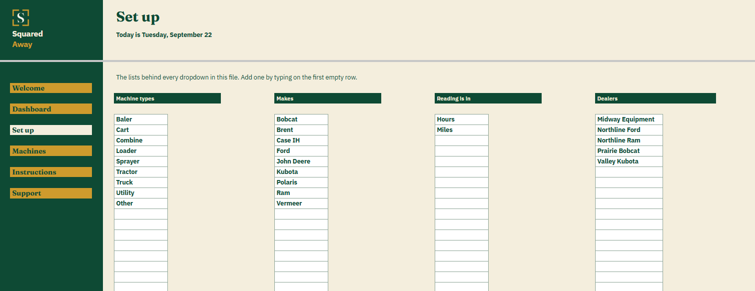 Equipment Register's Set up tab with the machine types, makes, reading units and dealers the buyer fills in, which become the dropdowns on the Machines tab.