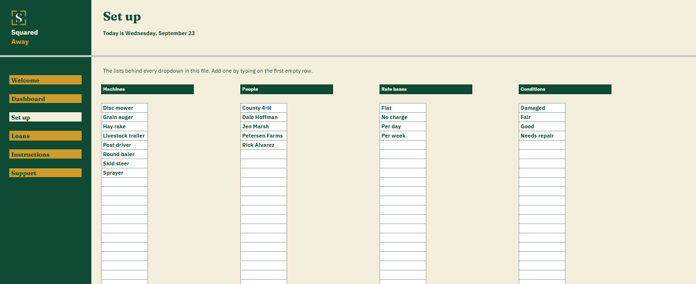 Equipment Loan and Rental Log's Set up tab with the machines, people, rate bases and conditions that become the dropdowns on the Loans tab.
