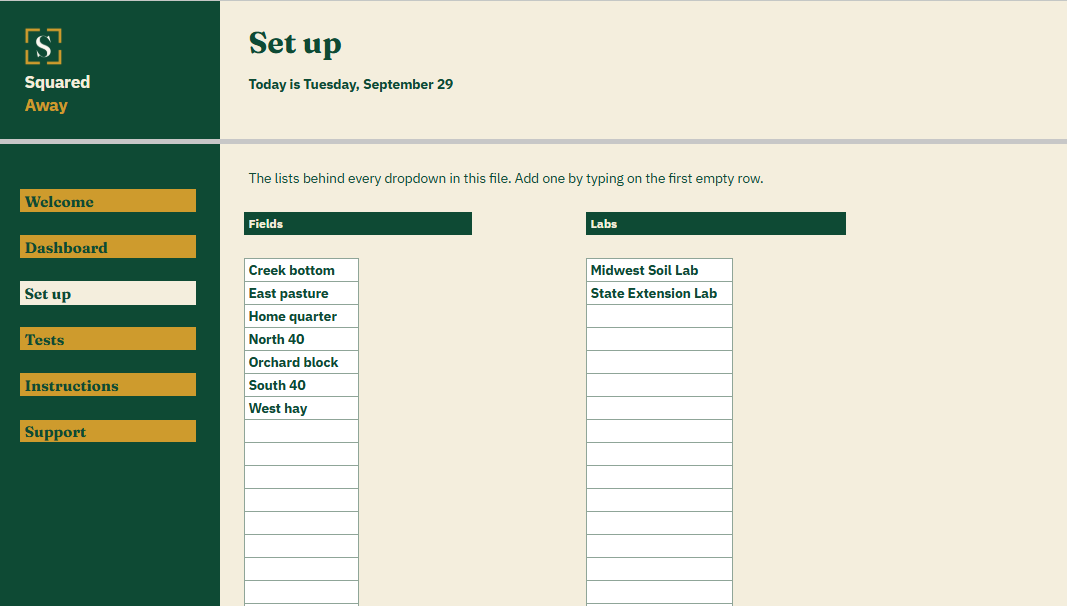 Soil Test Record's Set up tab with the fields and labs that become the dropdowns on the Tests tab.