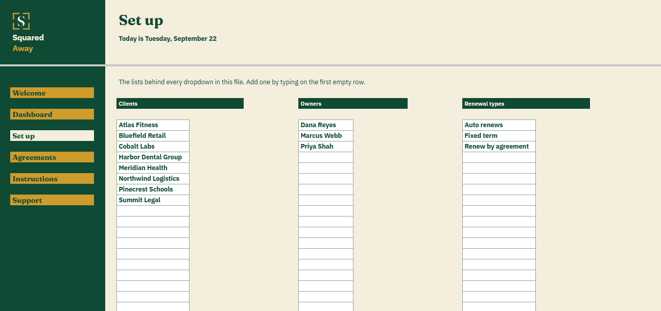 Contract and Renewal Register's Set up tab with the clients, owners and renewal types the buyer fills in, which become the dropdowns on the Agreements tab.