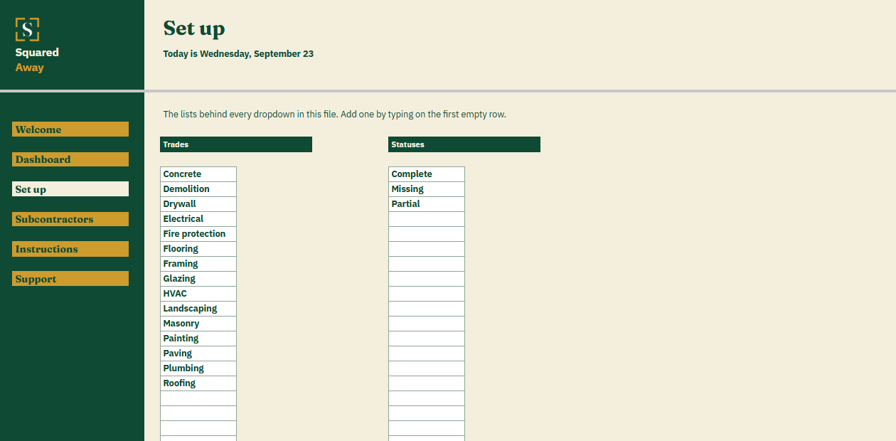 Subcontractor Compliance Register's Set up tab with the trades and paperwork statuses that become the dropdowns on the Subcontractors tab.