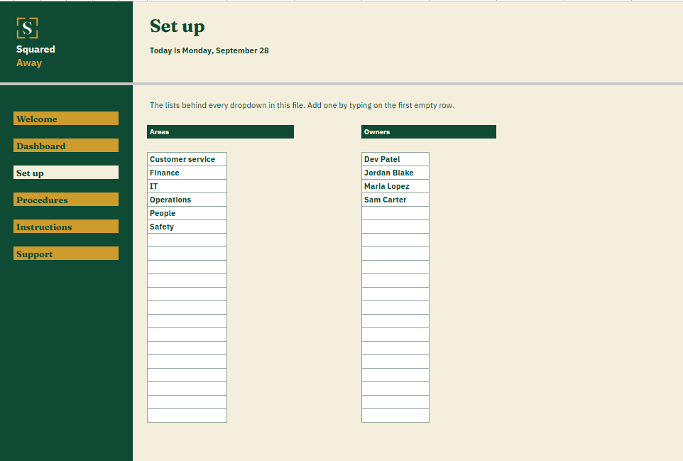 Procedure Index's Set up tab with the areas and owners that become the dropdowns on the Procedures tab.