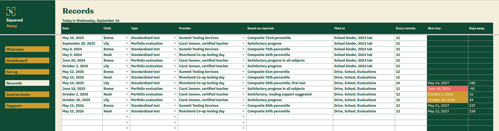 Evaluation and Test Record's Records tab listing 14 homeschool standardized tests and portfolio evaluations with the provider, result as reported and where each report is filed, and the next one due worked out.