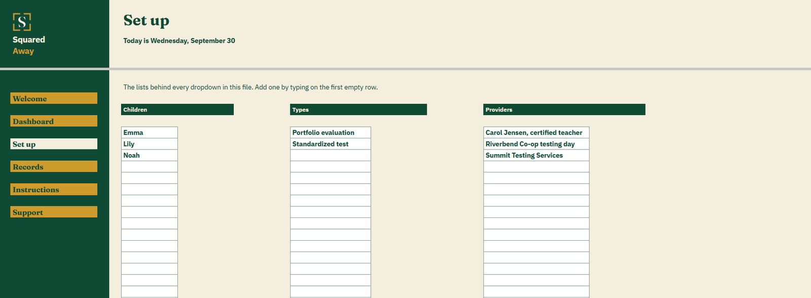 Evaluation and Test Record's Set up tab with the children, record types and providers that become the dropdowns on the Records tab.