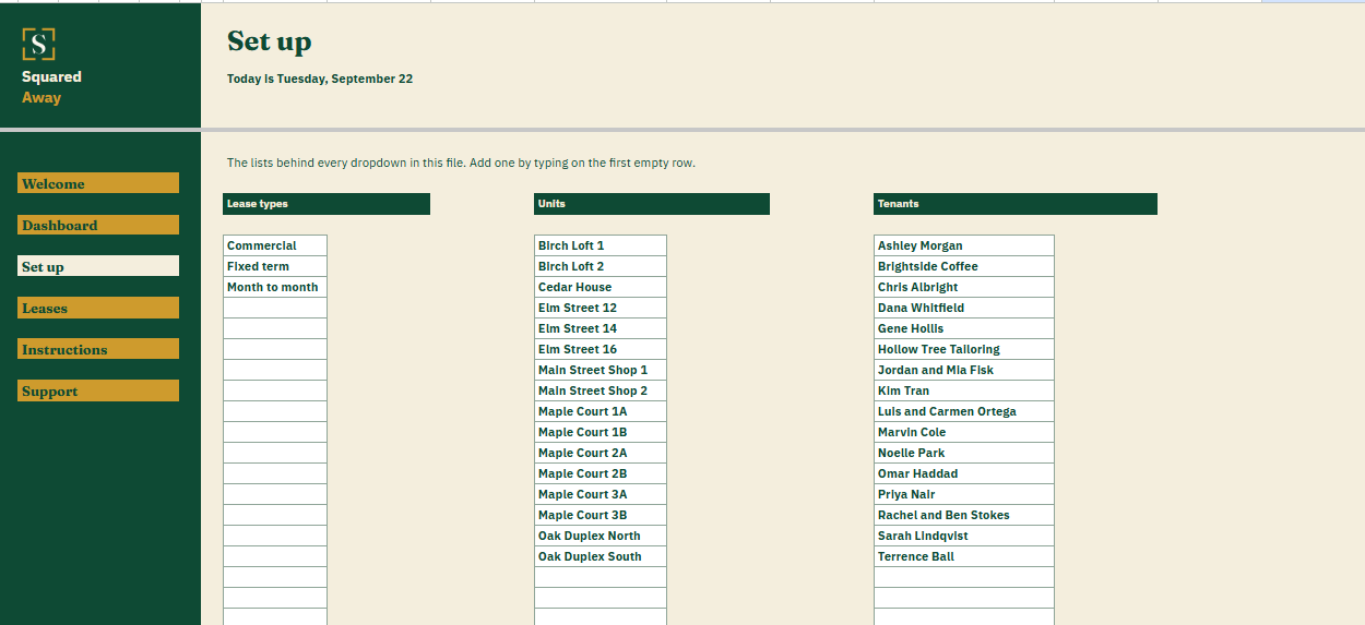 Lease Register's Set up tab with the lease types, units and tenants the landlord fills in, which become the dropdowns on the Leases tab.