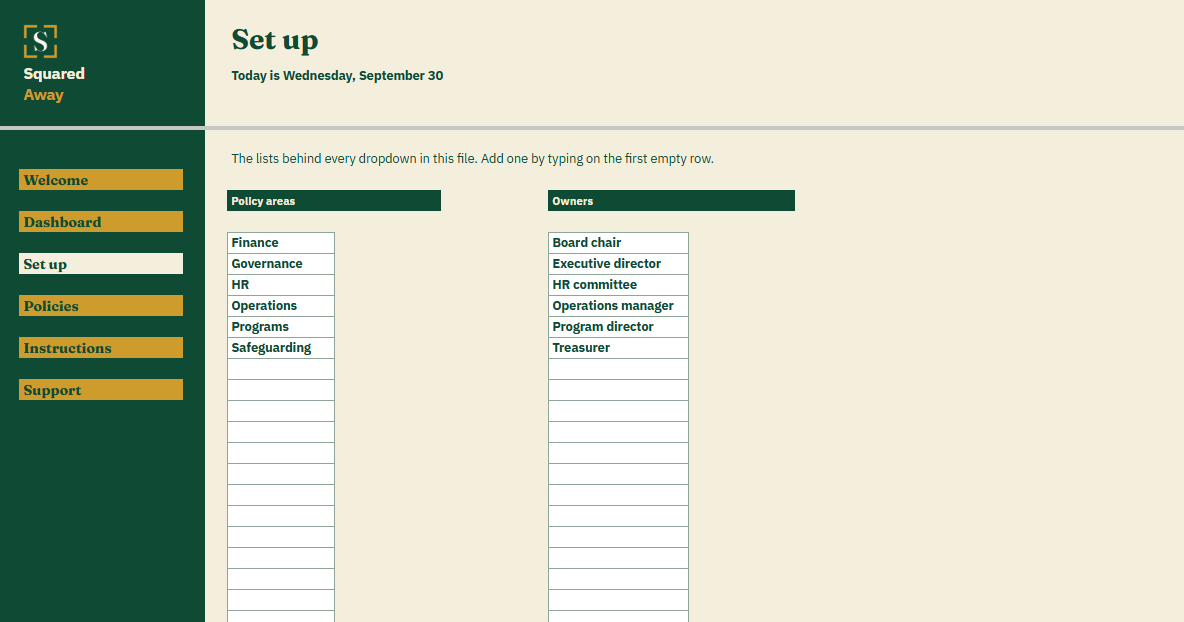 Policy Review Schedule's Set up tab with the policy areas and owners the board fills in, which become the dropdowns on the Policies tab.