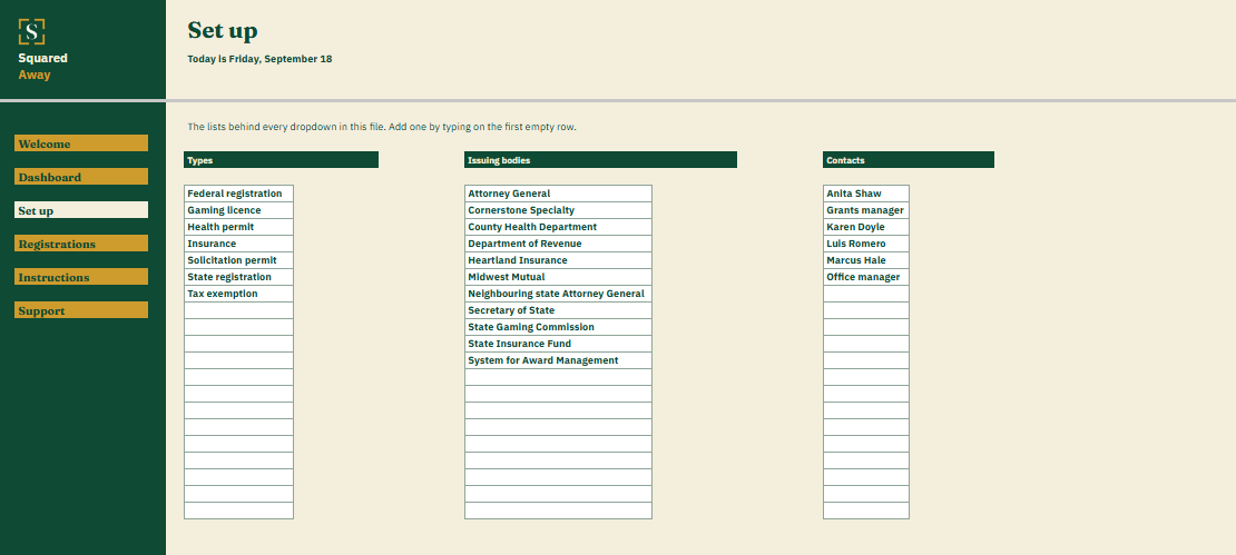 Insurance and Registration Register's Set up tab with the types, issuing bodies and contacts the organization fills in, which become the dropdowns on the Registrations tab.