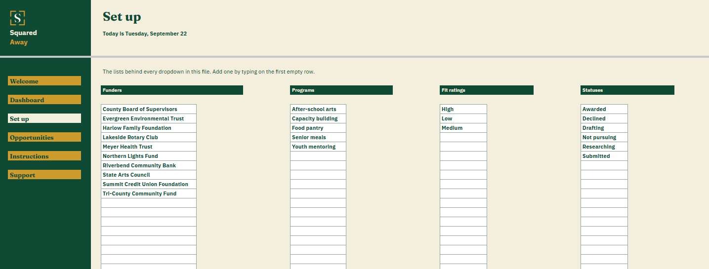 Grant Opportunity Pipeline's Set up tab with the funders, programs, fit ratings and statuses that become the dropdowns on the Opportunities tab.
