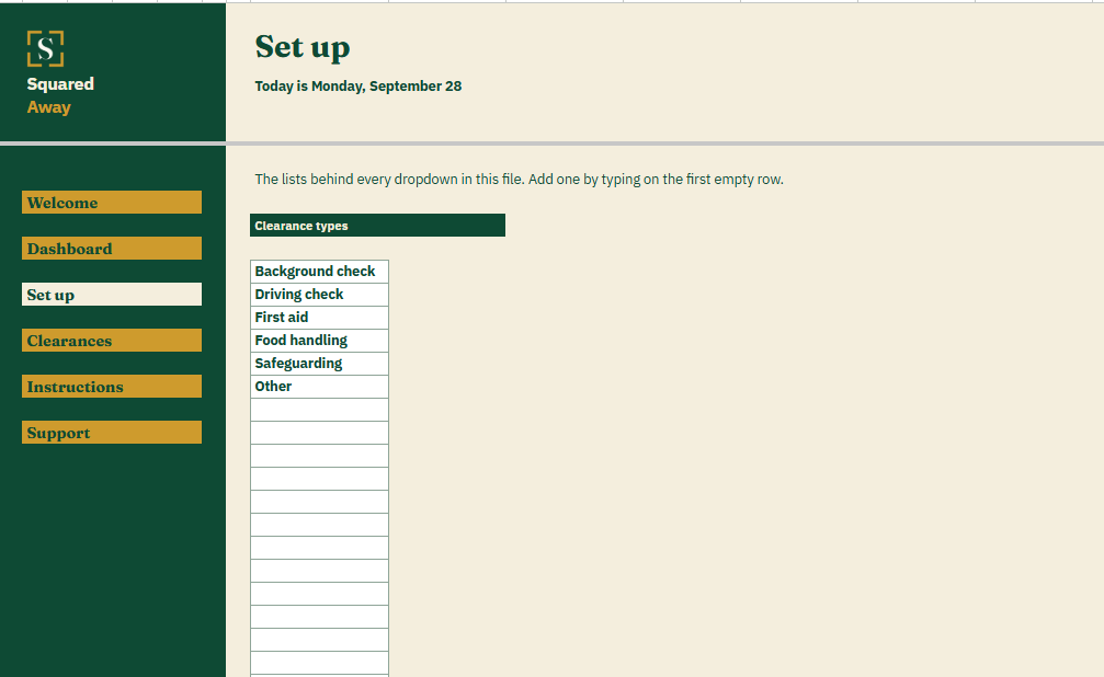 Volunteer Clearance Tracker's Set up tab with the clearance types the organization requires, which become the dropdown on the Clearances tab.