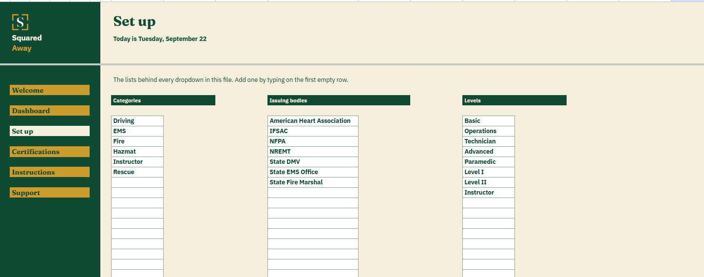 Certification Renewal Tracker's Set up tab with the categories, issuing bodies and levels the buyer fills in, which become the dropdowns on the Certifications tab.